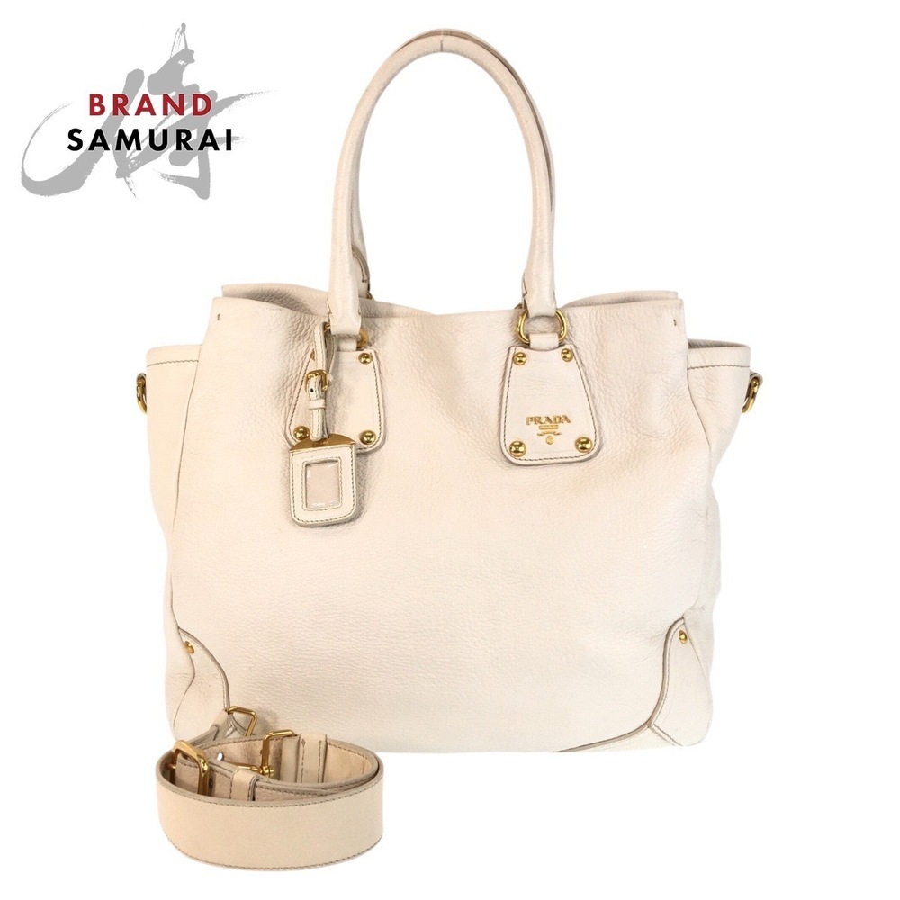 PRADA Vitello Daino White Ivory White Leather Tote Bag Shoulder